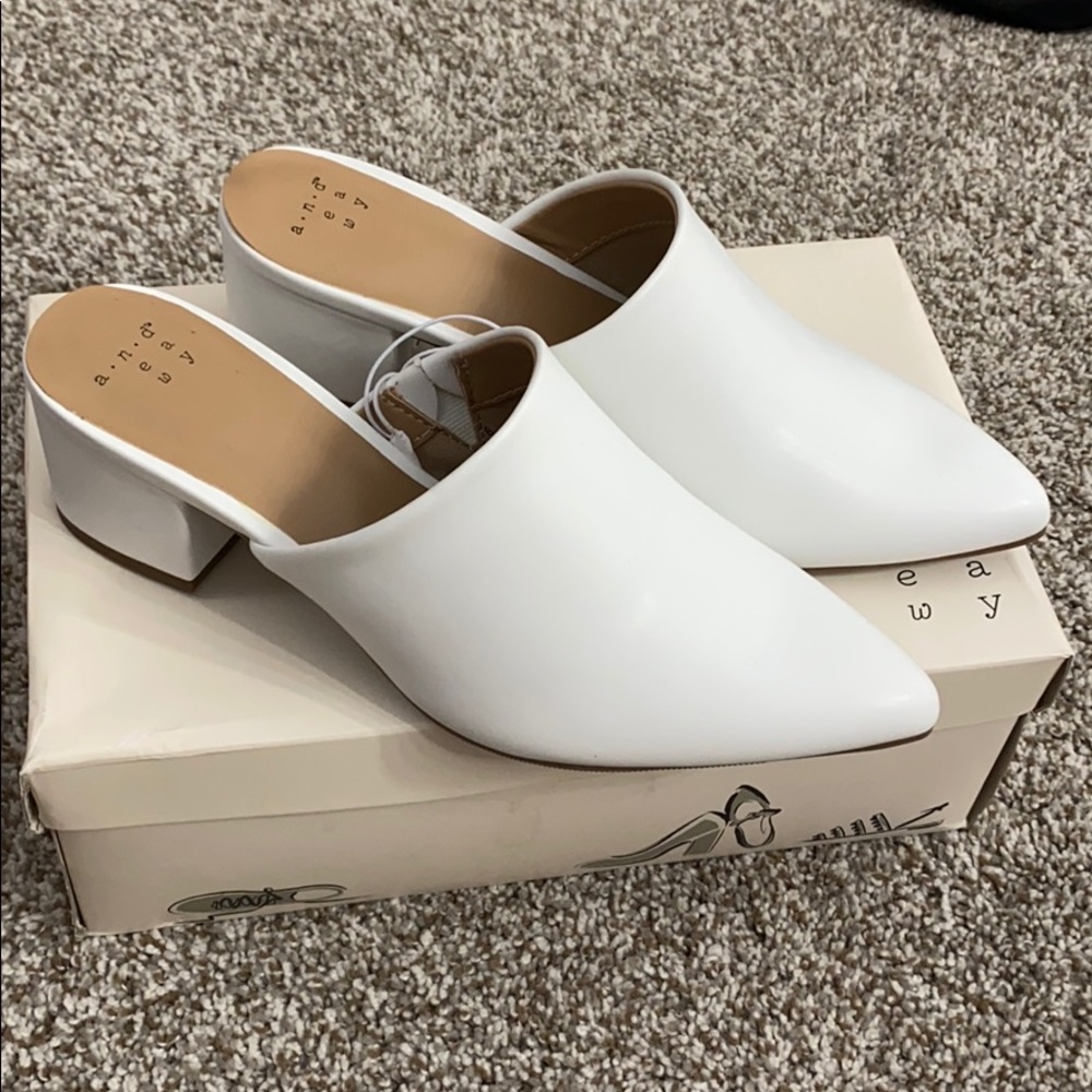 White Block Heeled Mules